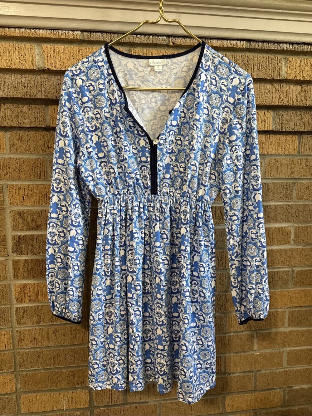 Cabana Life Blue Print Elastic Waist Buttons Cover Up Dress Sz Sm Nautical Coast